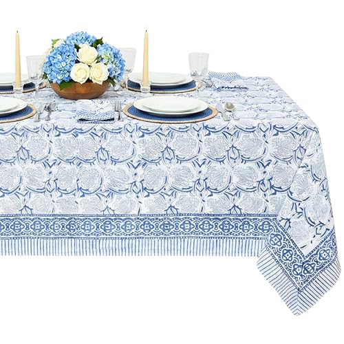 ATOSII Cotton Blockprint Rectangle Table Cloth, Santorini, 90" X 60"