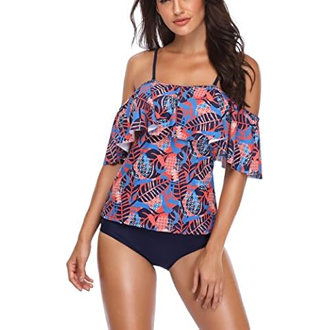 Giorzio Women Bathing Suit Off Shoulder Flounce Swimsuit Leaves Printing Tankini Set Ladies Swimwear - Blue - Small Cover
