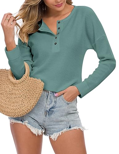 Image of MOLERANI Womens Long Sleeve Waffle Knit Henley Shirts Tunic Tops