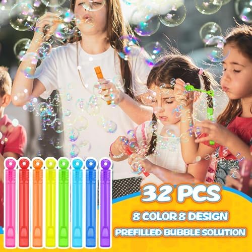Goodie Bags Stuffers for Kids Party, 32 Pack Mini Neon Bubble Wands for Party Favors Supplies in Gift Box, Classroom School Reward, and Pinata Filler Toys, Birthday Decorations, Small Halloween Treats - 5