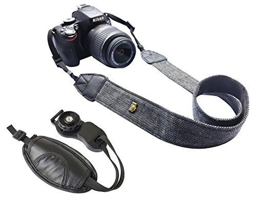 Camera Neck Shoulder Belt Strap,Alled Leather Vintage Print Soft Camera Straps for Women/Men for DSLR/SLR/Nikon/Canon/Sony/Olympus/Samsung/Pentax (Soft Black+Hand GripÂ Strap)