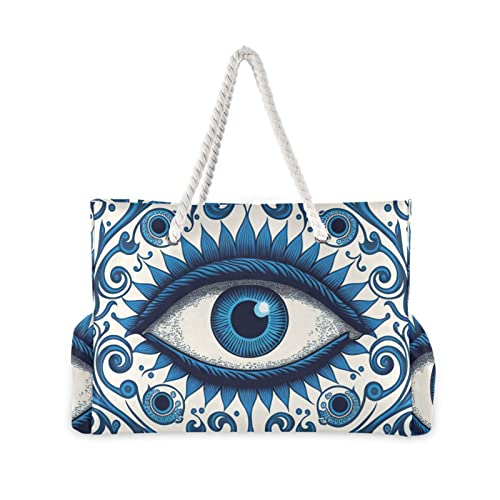 Vnurnrn Blue Patterns Eyes Evil-eye Beach Bag Tote for Women Men with Zipper, Large Shoulder Beach Tote Bag with Rope Handles, Travel Tote Bag for Seaside Gym Pool Daily, 20.5 X 7.3 X 15 inch2