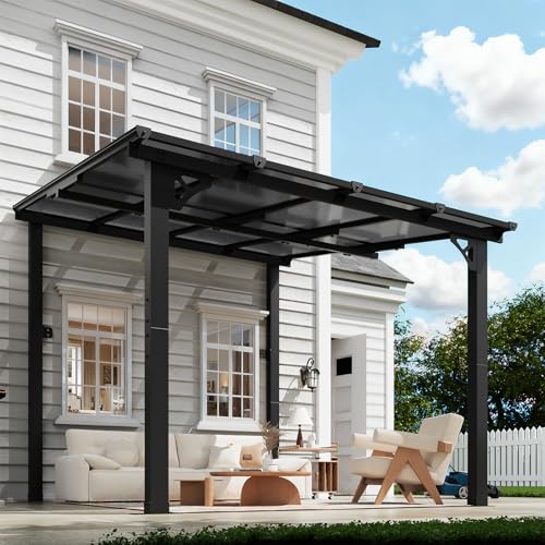 Image of 10x8 FT Lean to Gazebo Pergola, Outdoor Wall Mounted Gazebos with Polycarbonate Roof, Large Hardtop Metal Heavy Duty Awnings, Patio Canopy for Backyard, Deck, Porch (Black)