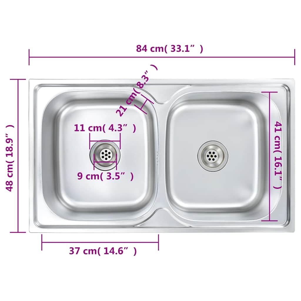 Fregadero de cocina doble de acero inoxidable con colador y sifón, extraprofundo, 84 x 48 x 22 cm, resistente a los arañazos, ahorra espacio, para cocina con escurridor y lavabo, fácil montaje