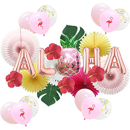 Image of Meiduo Hawaiian Aloha Party Decorations Luau Party Supplies Aloha Pineapple Banner Palm Leaves Silk Hibiscus Flowers Paper Fans Balloons for Adults Baby Shower Tropical Theme Summer Beach Pool Party
