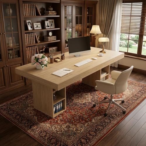 IDEALHOUSE 63”Executive Desk with Cabinet Storage, Farmhouse Home Office Desk, Wooden Computer Desk with Extra Thickened Tabletop & Metal Frame, for Work Study Writing, Oak