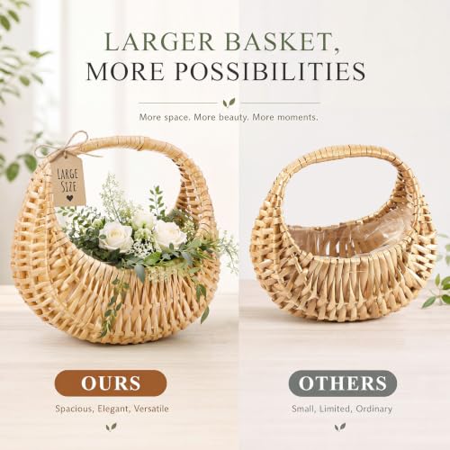 Image of Taiyin 1 Pack Flower Girl Basket with Handle, 8.27 x 9.06 x 6.3 Inch | Rattan Basket Half Moon Straw Wicker, Ideal for Wedding Flower, Petals, Confetti, Candy & Gifts, Picnic, Garden Storage Decor