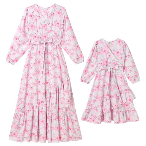 AWIBMK Mommy and Me Matching Dresses Floral Ruffled Hem Long Dress Fall Winter Strawberry Mom Daughter Matching Outfits