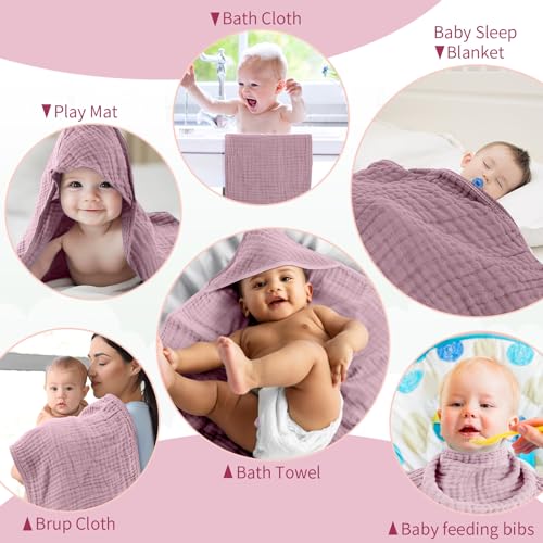 Image of VitalCozy 6 Pcs Baby Muslin Hooded Bath Towels and Washcloths, Muslin Hooded Baby Towels Absorbent Blankets for Gift Newborn Infant Shower (Mauve,Peach Pink)