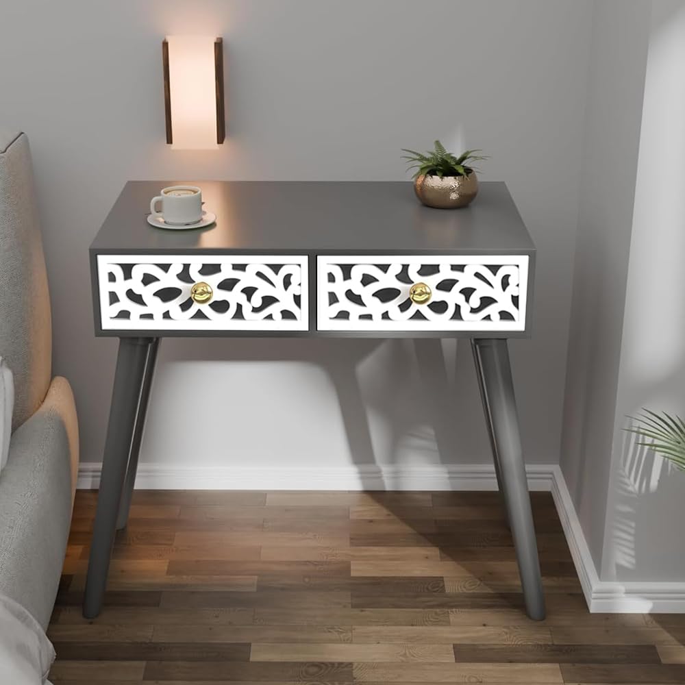 Brown Art Shoppee End Table, Drawer Dresser for Bedroom,Side Table with Drawer, Bedside Furniture, Night Stand, MDF End Table with 4 Wooden Legs for Bedroom,Living Room (Grey & White)