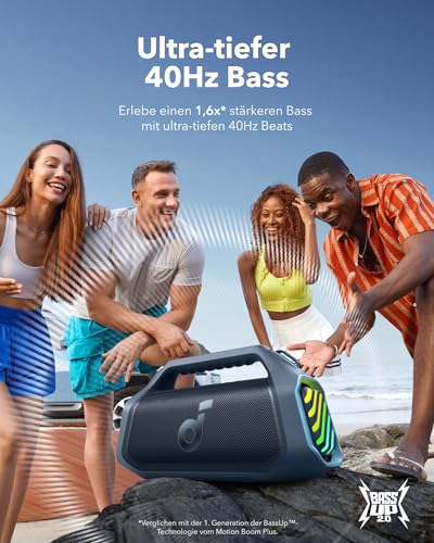 soundcore Boom 2 Plus Outdoor Lautsprecher, 140W, 2+2 Channel, BassUp 2.0, 20h, Schnellladung, IPX7 wasserdicht, RGB Lichter, USB-C, Power Bank, BT 5.3, tragbarer Bluetooth Lautsprecher, Camping