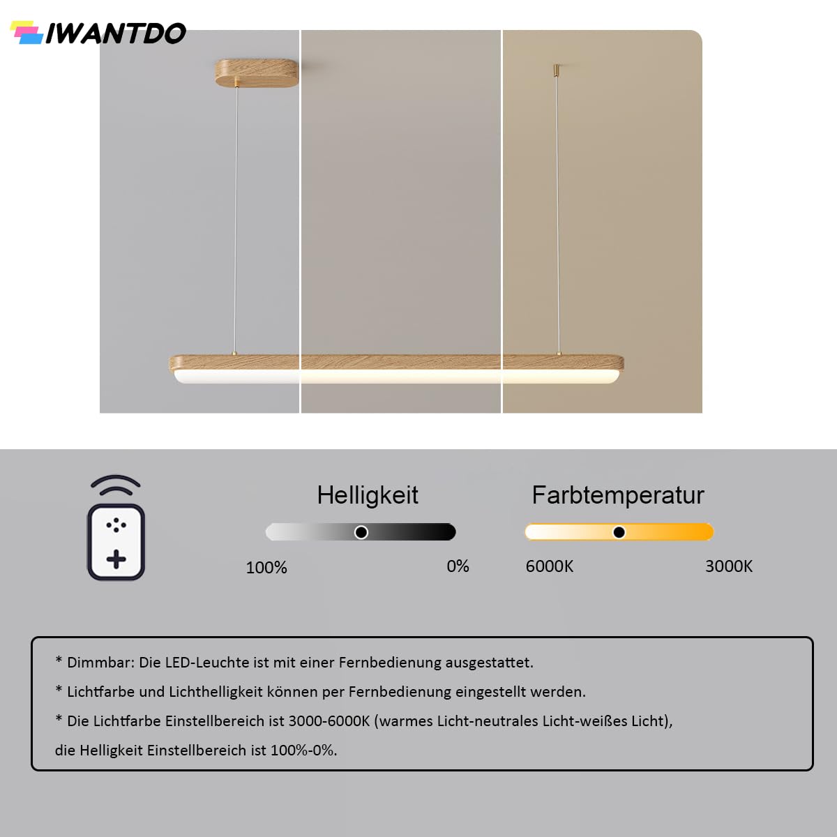 Suspension Bois LED Dimmable Îlot de Cuisine Lustre Linéaire de Salle à Manger avec Télécommande pour Table à Manger Cuisine Bureau Bar Boutique Lampe Suspendue Moderne Réglable En Hauteur (100cm)