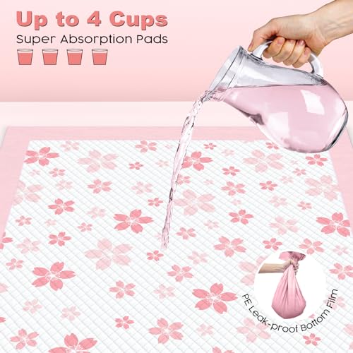 Image of MIZOK Puppy Pads Pink 22x22in, Ultra Absorbent Wee Wee Pads with Pheromone Attractant, Decorative Cherry Blossom 6-Layer Leak-Proof Potty Training Pads, Disposable (100 Count)