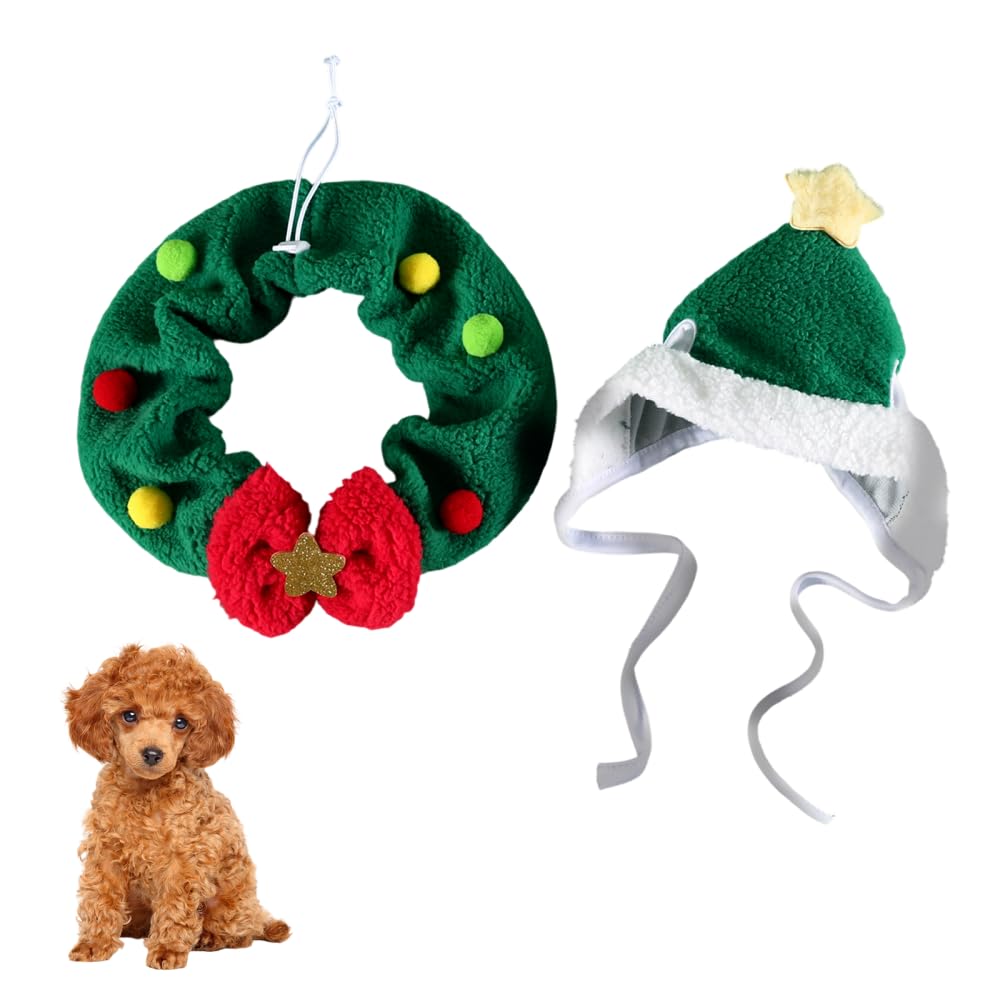 Pets Christmas Costume, 2PCS Plush Hat & Scarf Set with Bow for Small Dogs Cats Festive Christmas Outfit for Pet Photoshoot Party, Holiday Pet Accessories