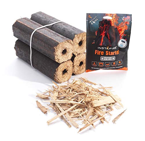 Insta-Fire 4 Pack Fire Log with 1 Firestarter Pouch and Kindling - Perfect for Camping, Emergencies, Hiking, Fishing, Boating, Fire Pits, Grilling, Survival, Food Storage, Boiling Water