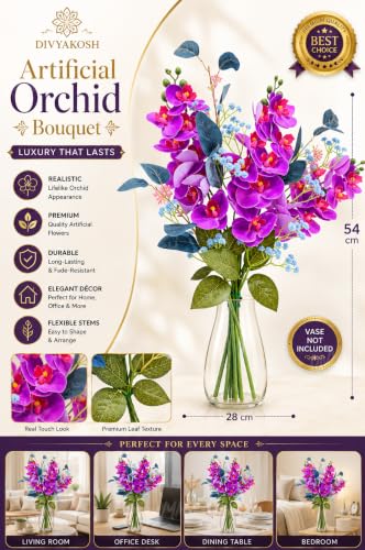 Image of Divyakosh Purple Orchid Bouquet, Artificial Flowers for Vase's (VASE NOT Included), Decorative Flower Bunch for Home Decor