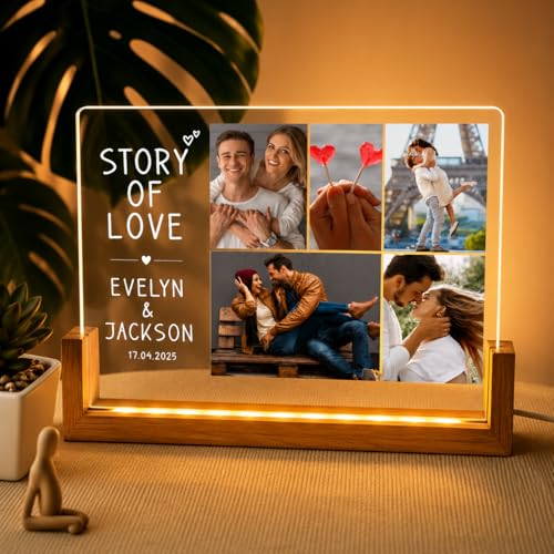 Image of Custom Photo Collage LED Lamp, Personalised Acrylic Night Light, Warm White, Modern Style, Anniversary and Birthday Gift for Couples and Friends (Design 4)