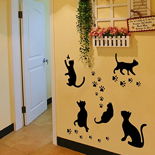 Bibitime Animal Silhouette 5 Black Pussycats Wall Decal Vinyl Butterfly Cat Paw Footprints Stickers For Living Room Porch Pet Lover Living Room Bedroom Nursery Kids Room Decor Home Art Murals #TOP3