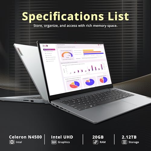 Image of Lenovo IdeaPad 1i 14 inch HD Business Laptop with 1 Year Office 365, Intel Celeron N4500, 20GB RAM, 2.12TB Storage (128GB eMMC+1TB SSD+1TB Docking Station), Intel UHD Graphics, HD Webcam, Win 11 Pro, Gray
