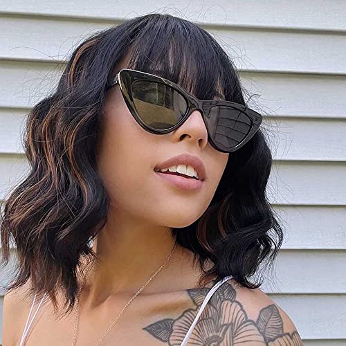 AISI BEAUTY Dark Brown Wig with Bangs Wavy Short Bob Wigs for Black Women 12 Inch Medium Length Heat Resistant Synthetic Womens Wig