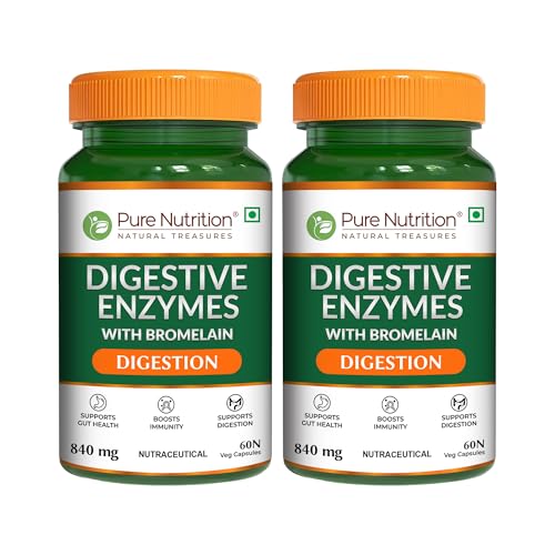 Image of Pure Nutrition Digestive Enzymes | Amylase, Lipase, Protease, Cellulase, Lactase, Bromelain| Better Bioavailability | Supports Digestion & Better Absorption of Food Nutrients - 60 Veg Caps (Pack 2)