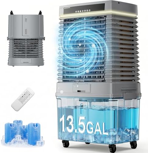 KEGIAN 4000 CFM Swamp Cooler, 41" Portable Evaporative Air Cooler w/ 13.5Gal Detachable Tank,120° Oscillation, Timer, Ambient Light, Remote, Energy Efficient Outdoor Air Conditioner for Patio, Garage