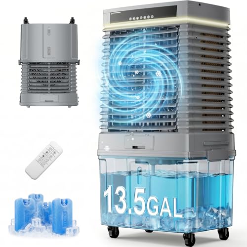 KEGIAN 4000 CFM Swamp Cooler, 41' Portable Evaporative Air Cooler w/ 13.5Gal Detachable Tank,120° Oscillation, Timer, Ambient Light, Remote, Energy Efficient Outdoor Air Conditioner for Patio, Garage