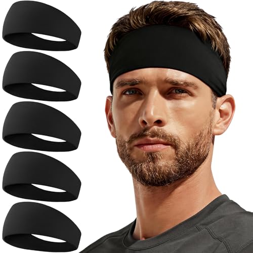 CYPERROCK 5 Pack Running Headbands, Workout Sweat Band Moisture Wicking Sports Headband for Men/Women 5 Black