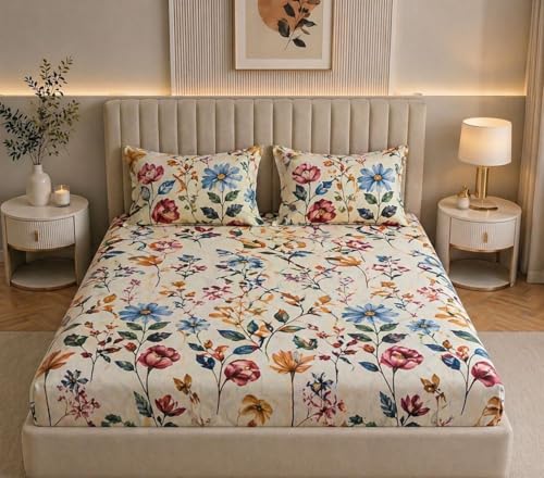 Image of Castiqa Elastic Fitted Supersoft Premium Polycotton 200TC Queen Size Bedsheets with 2 Pillow Covers (Fits Upto Mattress of 8Inches) (Queen (60x78), Multicolor Paint)
