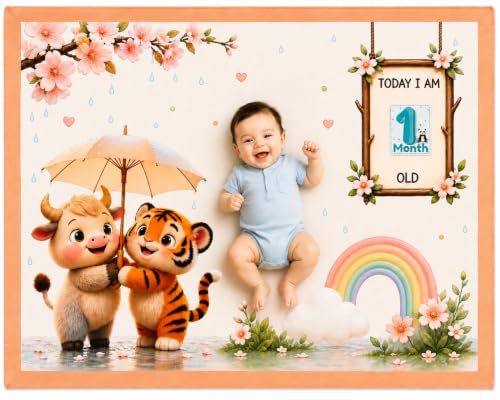 Image of NEW COMERS Baby Monthly Milestone Blanket | 1 to 12 Months Extra Soft Fleece | Best Photography Backdrop Prop | Size - 55 in to 44 inch Super Soft Fabric (Beige)