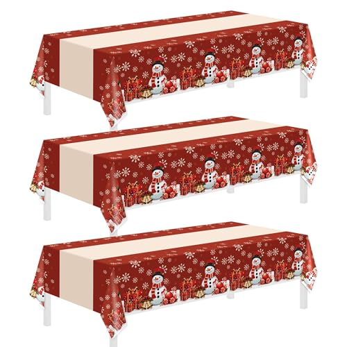 Image of Childom 3 Pack Christmas Tablecloths,Disposable Plastic Tablecloths 54 inch x 108 inch Christmas Decorations,Xmas Snowman Table Cloths for Party Supplies,Plastic Table Covers for Home,Dinner,Indoor or Outside