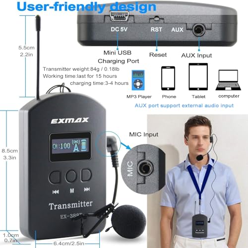 Sistema inalámbrico para guías turísticos EXMAX EX-388 con transmisión de voz para enseñanza escolar, conferencias, iglesias, seminarios, charlas y exposiciones (1 transmisor) miniatura 3
