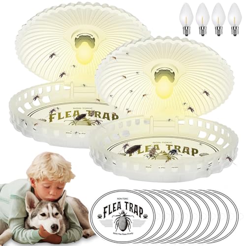 Vmxlso 2 Piezas Trampa para Pulgas, Lámpara Pulgas Eliminar Casa, Mata Pulgas Hogar con 4 Bombillas y 10 Adhesivos, Trampa Antipulgas Hogar, Chinches de Cama Eliminar para Salón, Seguro y No Tóxico