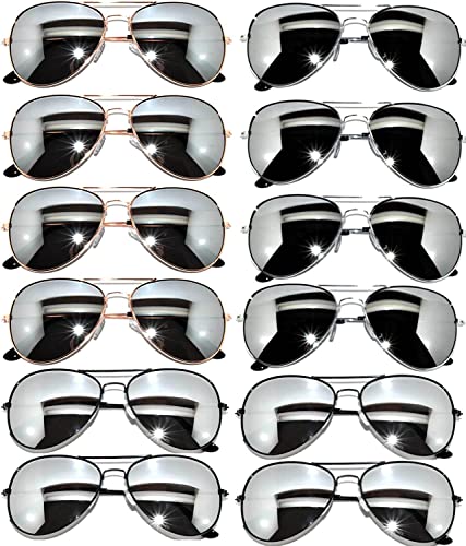 12 Pairs Classic Aviator Sunglasses Metal Gold, Silver, Black Frame Colored Mirror Lens OWL (4-Black_4-Gold_4-Silver Frame)