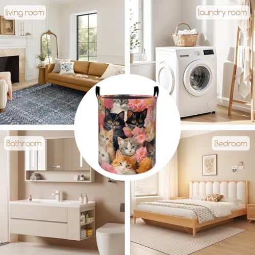 Image of Cute Cat Laundry Basket, Peony Flower Design Foldable Oxford Cloth, Waterproof Dirty Clothes Hamper with Handles, Clothing Storage Bucket Toy Organizer for Bathroom Bedroom Dorm, 19.7 inchx15.7 inch