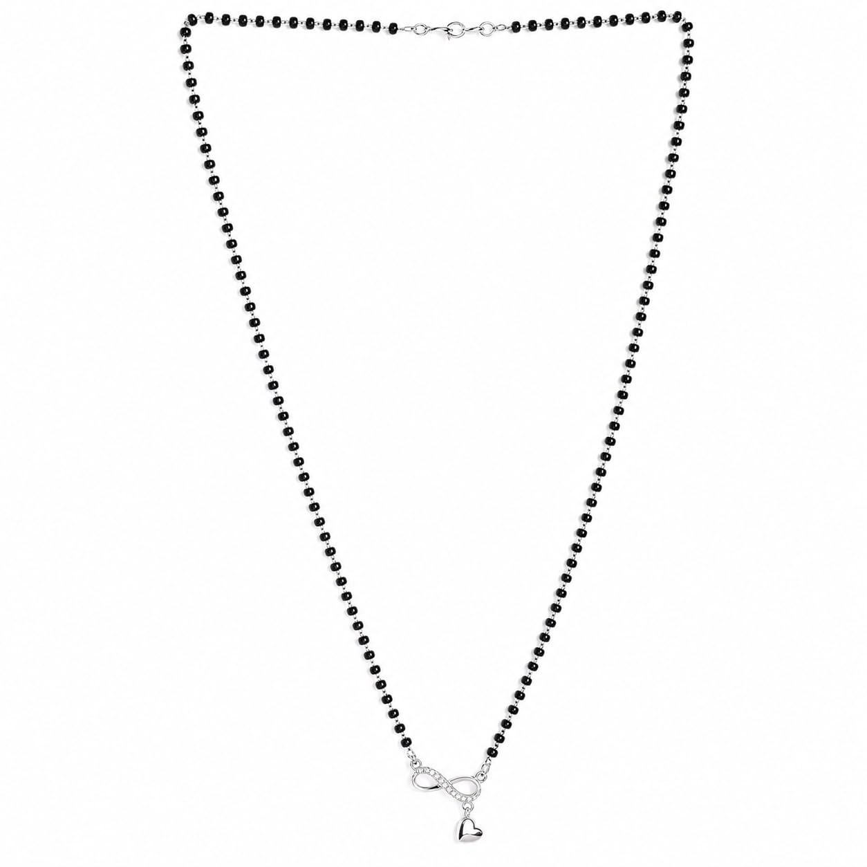925 Sterling Silver Luna Infinite Grace Mangalsutra for Women | Rhodium-Plated Chain with Black Beads & Zircon Pendant with Heart Charm & Crystal Detailing | Elegant Traditional Necklace-image-0