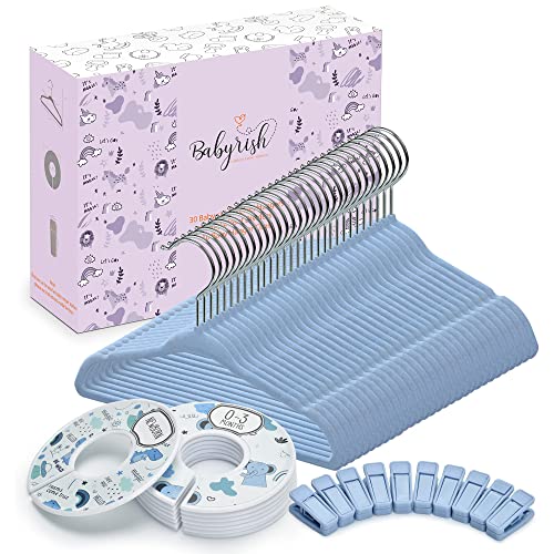 Image of Babyrish Unisex Nursery Closet Organizer Set - 30X Velvet Hangers for Baby Clothes with 8X Closet Size Dividers (Newborn Infant to Toddler) and 10X Hanger Clips - All in Cute Box (Blue)