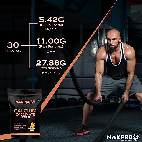 Image of NAKPRO Calcium Caseinate | 27.88g Protein, 5.42g BCAA | Helps in Muscle Recovery | Slow Absorbing, Slow Digesting, Low Carbs Casein Protein Powder (1 Kg, Mango)