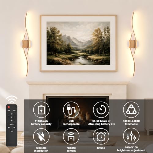 Image of Battery Powered Wall Sconces Set of 2, Wood 39.4 inch LED Dimmable Wall Sconce with Remote Control /Timer /Memory, USB Rechargeable Wall Lights for Living Room Bedroom Hallway