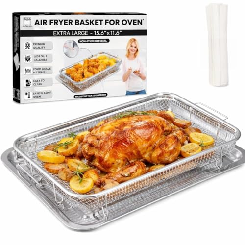 Image of 15.6" X 11.6" Large Air Fryer Basket for Oven, OvenCrisp Air Fryer Basket and Tray Set With 30PCS Parchment Papers, Stainless Steel Air Fryer Pan and Crisper Tray for Frying Baking