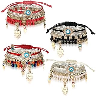 4 Sets Bohemian Stretch Beads Bracelets Multilayer Evil Eye Hamsa Hand Bracelet Bohemian Bracelet Handmade Stackable Charm Bracelets for Women Lucky Protection Beaded Hamsa Bracelet