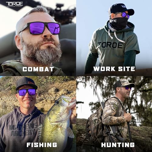 Image of TOROE TR90 Square Frame Grade A Polarized Black Emblem Sunglasses with Anti Reflective Water Repellent Polycarbonate Lenses (Matte Black Frame, Purple Mirror (Category 3))