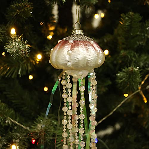 Hahtgso 4Pcs Pendants Swimming Jellyfish, Coastal Beaded Jellyfish Glass And Ribbons Christmas Holiday Ornaments, Glass Jellyfish Christmas Ornaments Hanging Nautical Christmas Ornament #TOP3