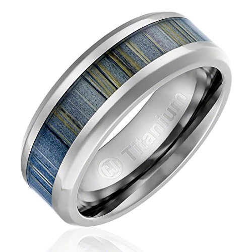 Cavalier Jewelers 8MM Men's Titanium Ring Wedding Band | Black and Gray Zebra Wood Inlay | Beveled Edges