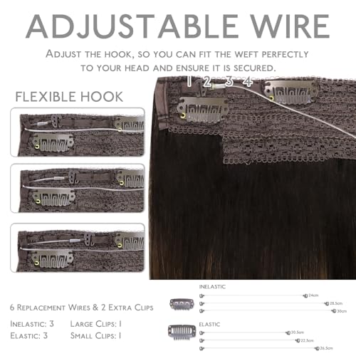 Image of WENNALIFE Wire Hair Extensions Real Human Hair 20 inch 140g Balayage Dark Brown to Chestnut Brown Remy Hair Invisible Transparent Wire Straight Reusable Natural Easy to Apply Reusable for Volume