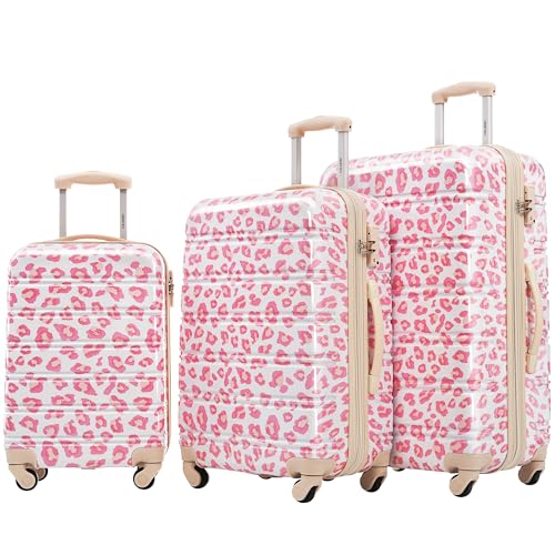 Merax 3 Piece Luggage Sets, Hardside Expandable Luggages Spinner Leopard Suitcase with TSA Lock Lightweight Rolling Carry on Luggage 20inch 24inch 28inch,Pink Leopard