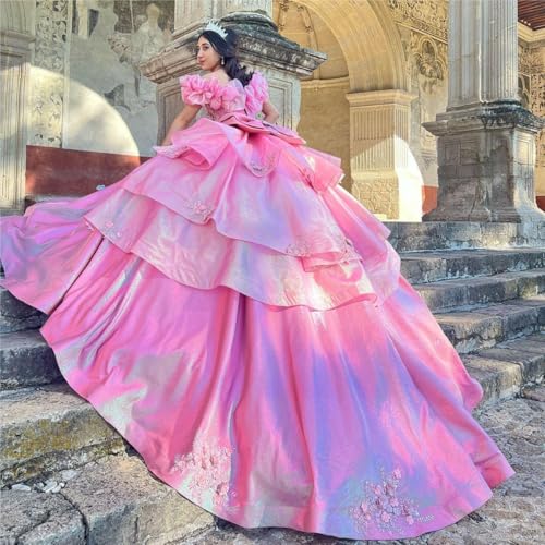 Zhangyo Satin Quinceanera Dresses with Bow Puffy Ruffle Sleeve Sweet 15 16 Dresses Princess Off Shoulder Beaded Ball Gowns3