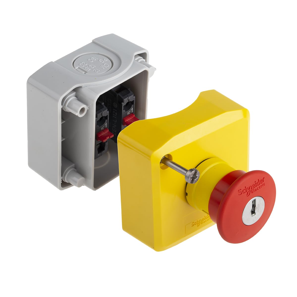 Schneider Electric XALK188F Plástico Estación de Control, Tapa Amarilla, 1 Pulsador Seta Rojo 40 Ø+2NC, Gris Claro