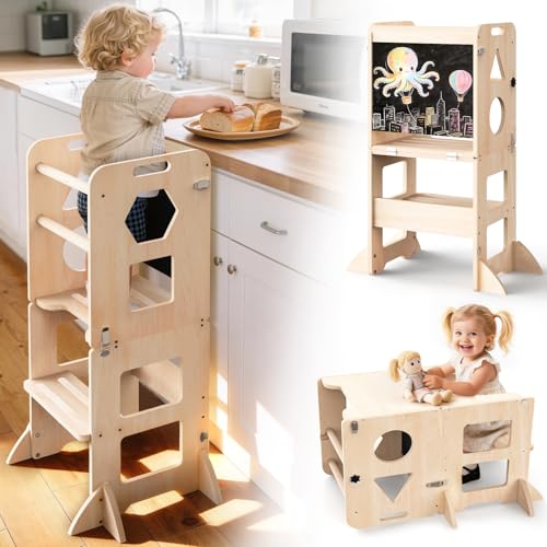 Image of Woodure 3-in-1 Toddler Kitchen Step Stool, Foldable Learning Standing Tower with Blackboard, Wooden Kitchen Stool Helper for Kids