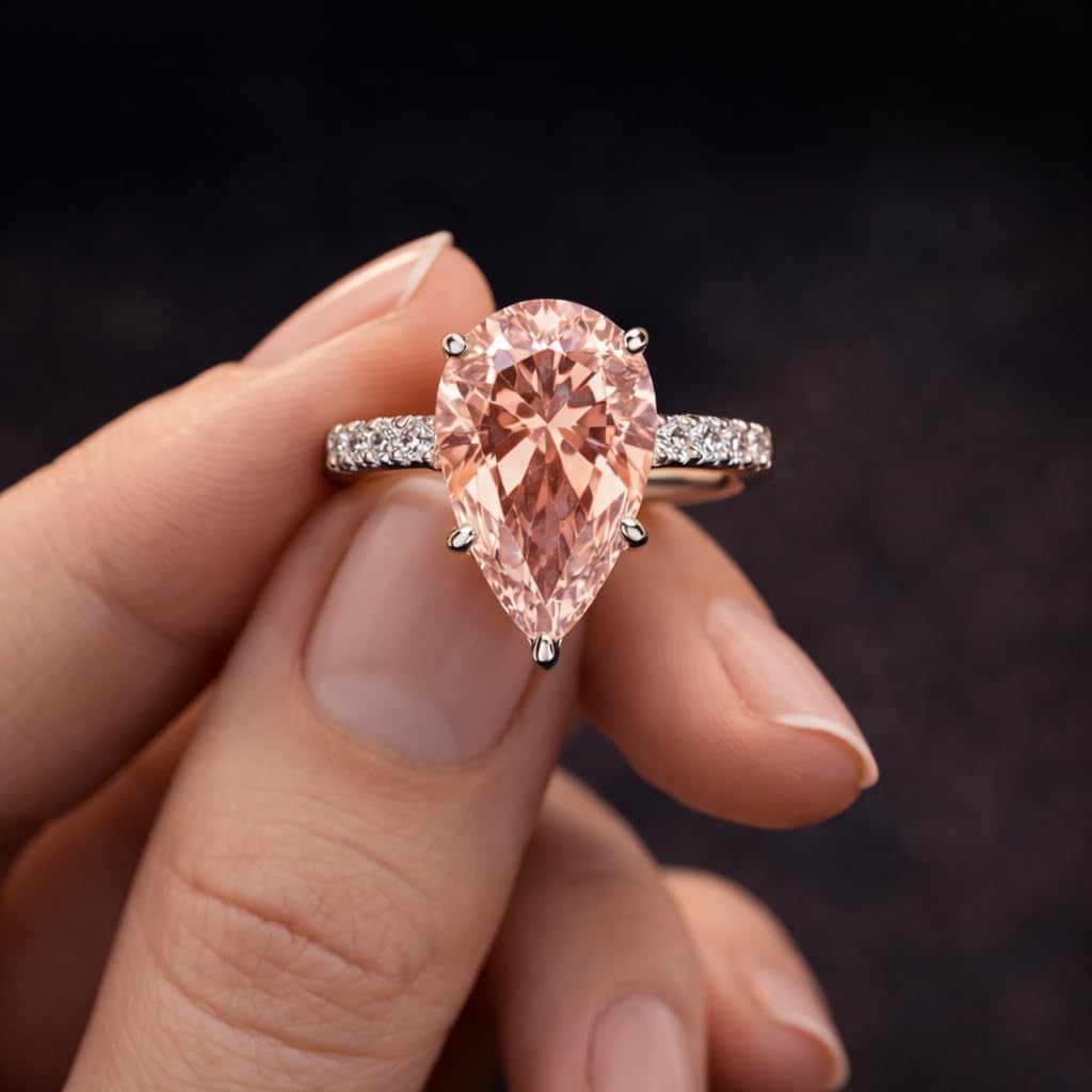Pear Cut Morganite Engagement Ring for Women 14K White Gold Solitaire Ring with Diamond Band Peach Pink Gemstone Bridal Promise Jewelry Gift for Her